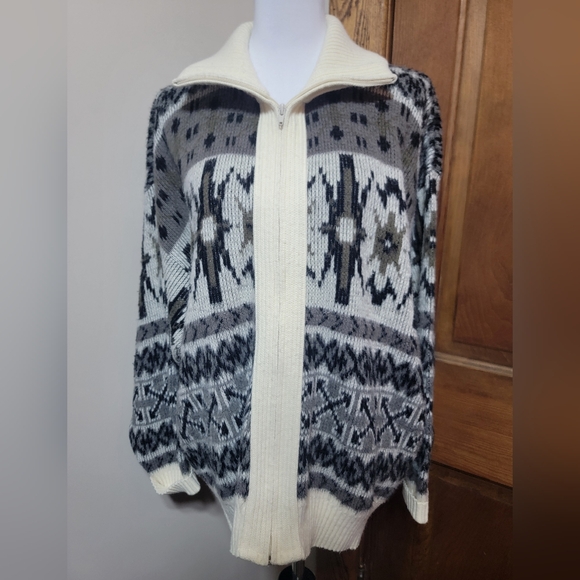 Vintage 80s Clipper Mis Aztec Sweater Jacket The Dude Full Zip Turtleneck USA XL - Picture 1 of 8
